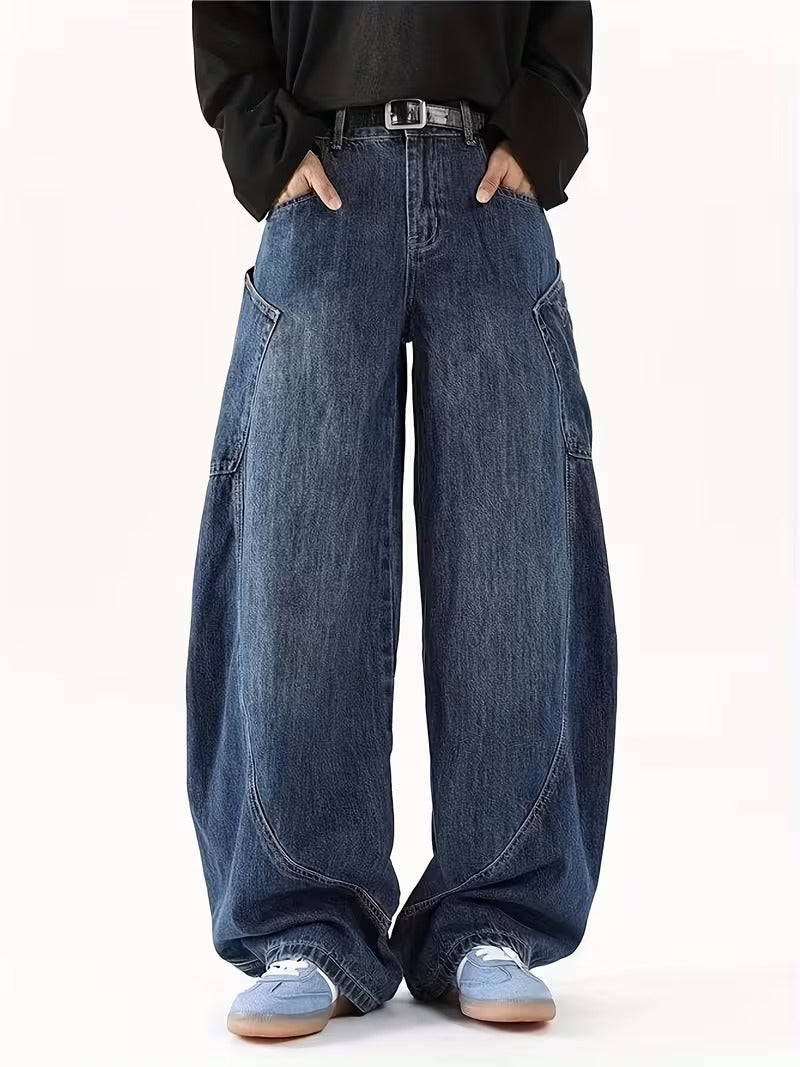 Men's Heavy-Duty Vintage Washed Jeans - Non-Stretch Straight-Leg Relaxed Fit Pants