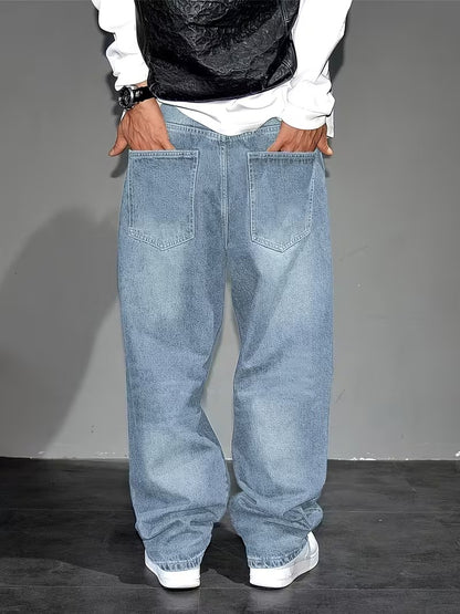 Vintage Washed Wide-Leg Jeans - Classic Loose-Fit Straight-Leg Denim Pants