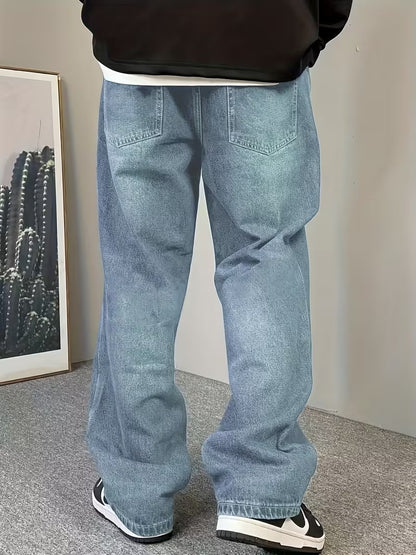 Vintage Washed Wide-Leg Jeans - Classic Loose-Fit Straight-Leg Denim Pants