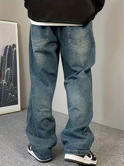 Vintage Washed Wide-Leg Jeans - Classic Loose-Fit Straight-Leg Denim Pants