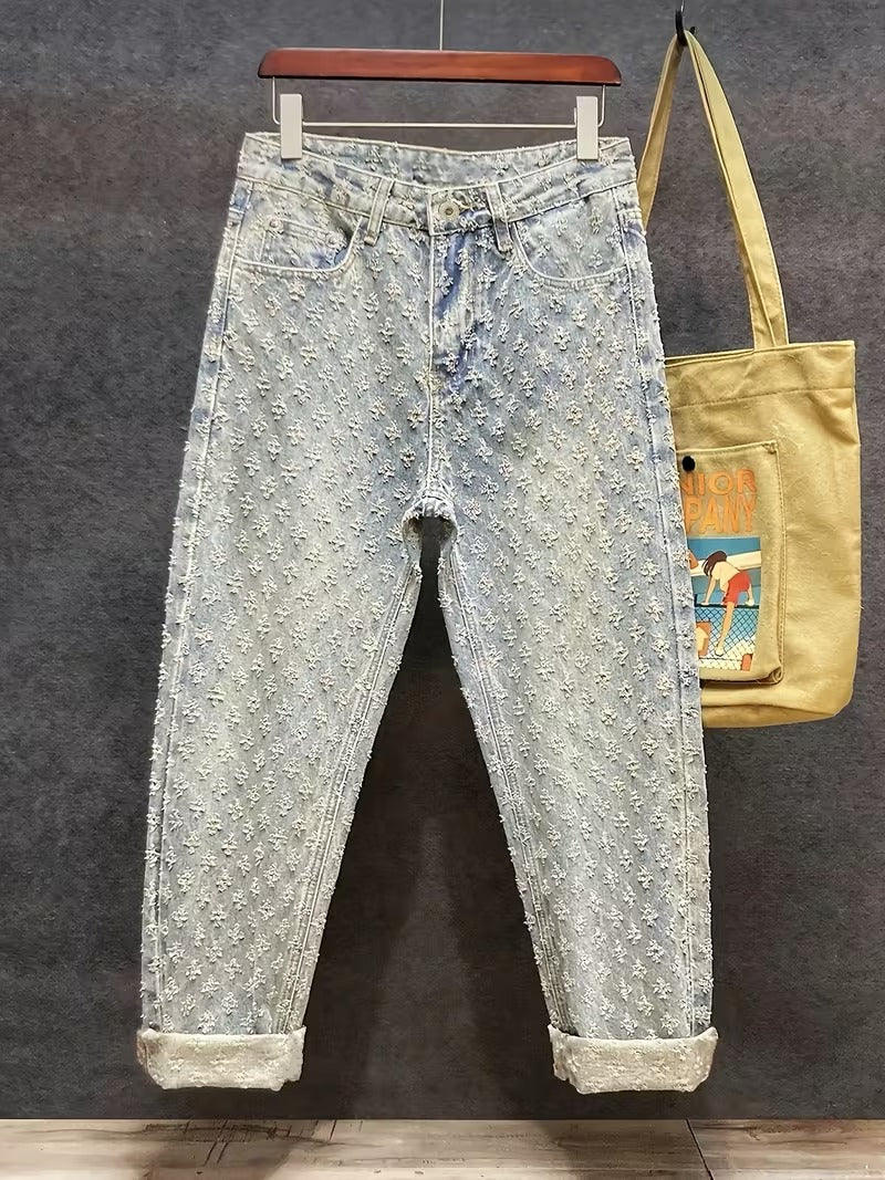 Light Blue Denim Jeans with Washed Detail and Jacquard Pattern