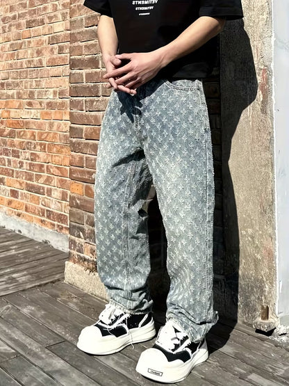 Light Blue Denim Jeans with Washed Detail and Jacquard Pattern