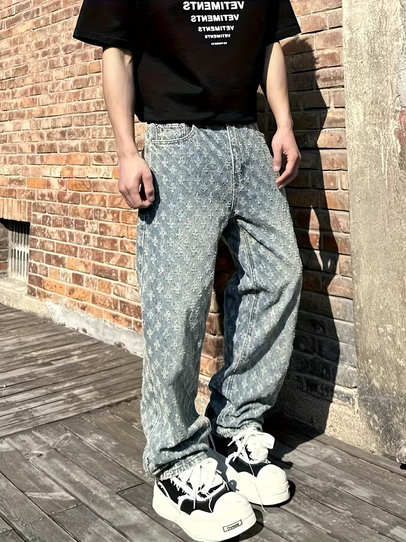 Light Blue Denim Jeans with Washed Detail and Jacquard Pattern