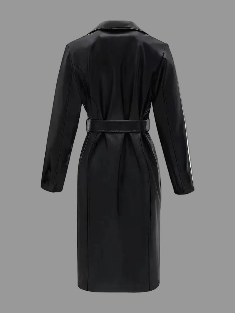 Black vegan Leather women Belted Trench Coat