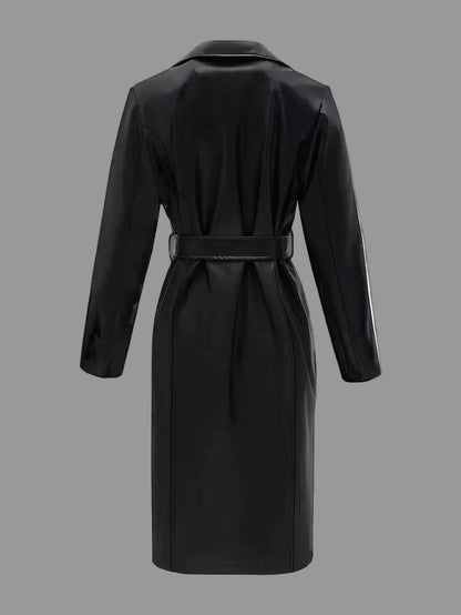 Black vegan Leather women Belted Trench Coat