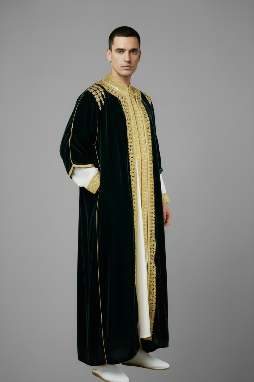 Three-quarter view - Green velvet caftan