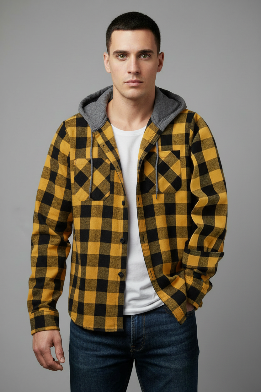 Yellow and black plaid hooded flannel shirt