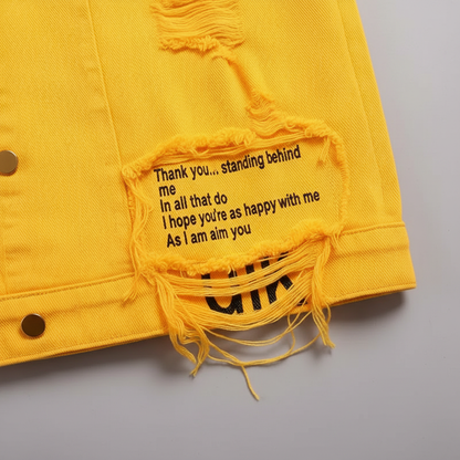 Yellow denim jacket - hem detail (no watermark)