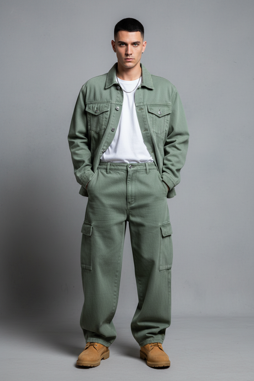 Your model in sage green denim set