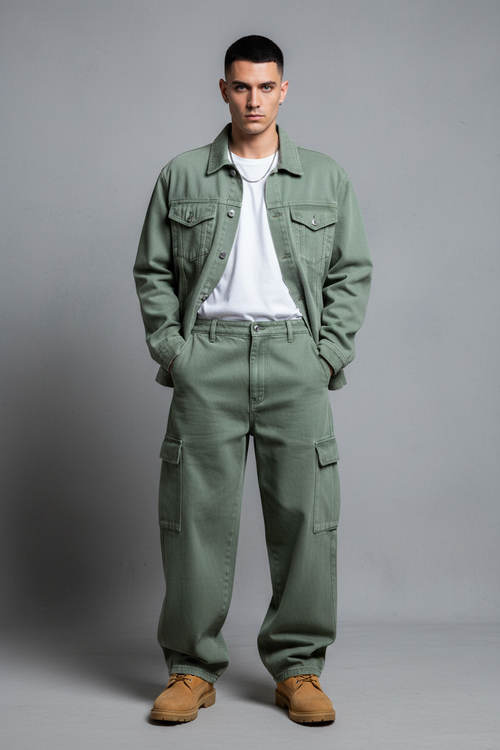 Your model in sage green denim set